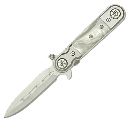 Stiletto Style Assisted Knife W/ White Pearl Handle