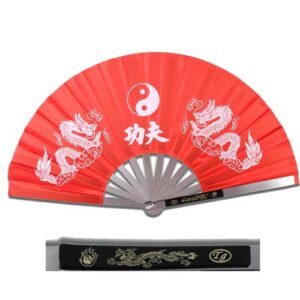 13" Chinese Kung Fu Martial Arts Tai Chi Dragon Stainless Steel Frame Fan RED
