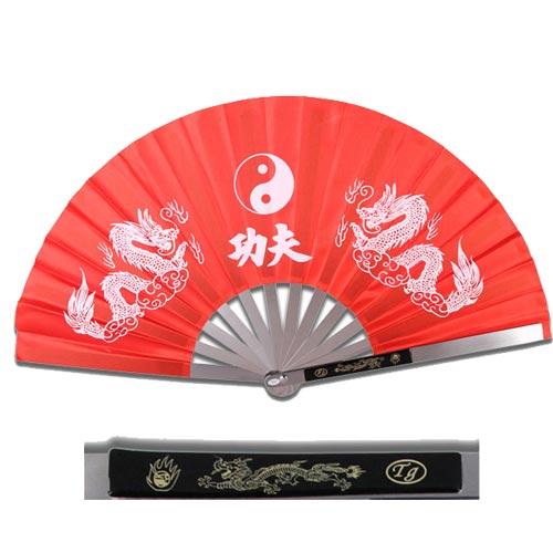 13" Chinese Kung Fu Martial Arts Tai Chi Dragon Stainless Steel Frame Fan RED