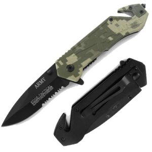 Army Rescue Folder Spring Assist Tactical Knife | Belt Cutter & Glass Breaker