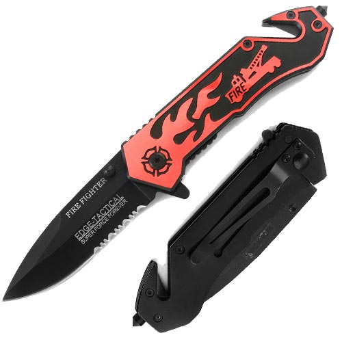Fire Fighter Tactical Rescue Knife | Folder Spring Assist w Belt Cutter & Breaker