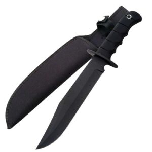 Defender Bowie Knife Camping Hunting Hiking Survival ALL BLACK Rubberized Grip