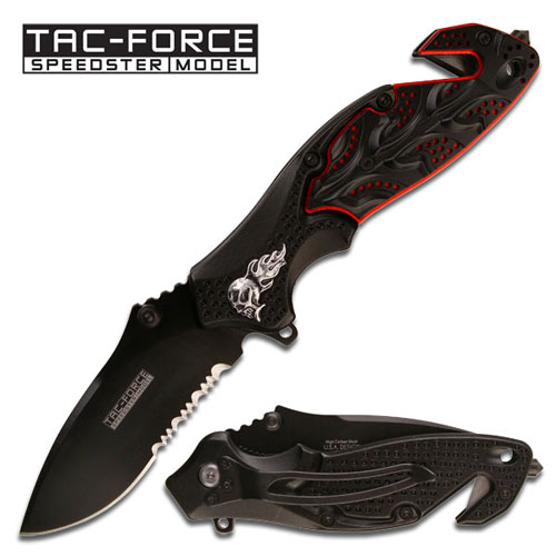 Skull " Heavy Rescue Folder Spring Assisted Knife - Black & Red