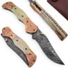 Magnum Rancher Damascus Folding Knife Engraved Copper Bolster Camel Bone Grip