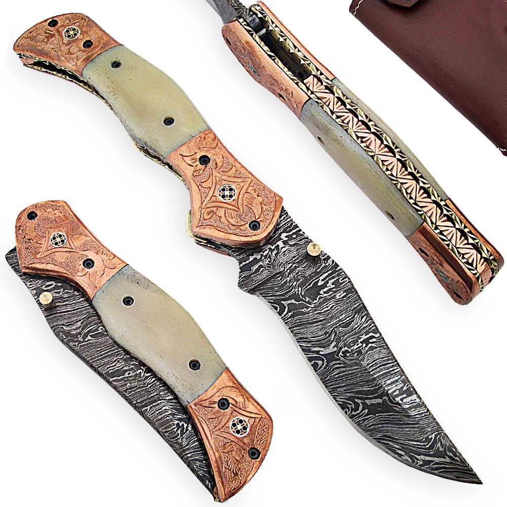 Magnum Rancher Damascus Folding Knife Engraved Copper Bolster Camel Bone Grip