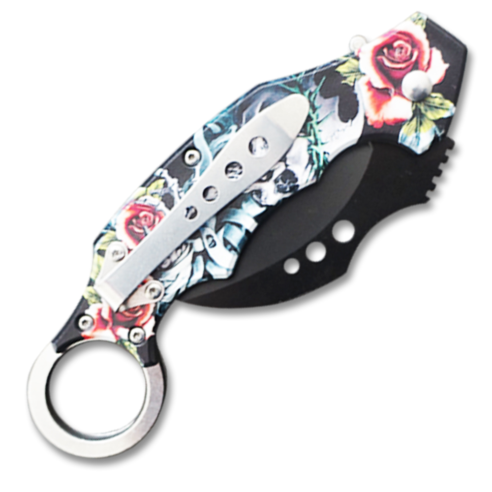 Automatic Krambit Knife 3D Printed Demon & Red Rose Pocket Knife