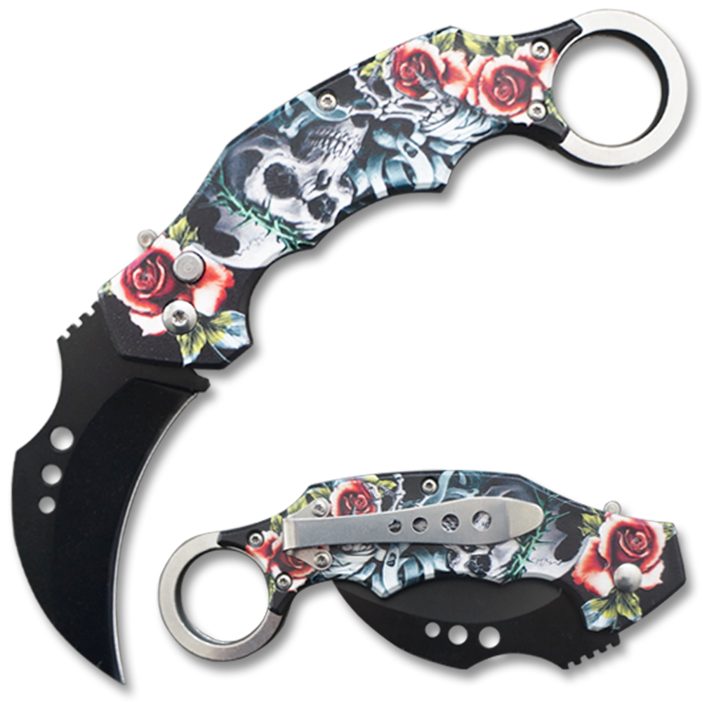 Automatic Krambit Knife 3D Printed Demon & Red Rose Pocket Knife