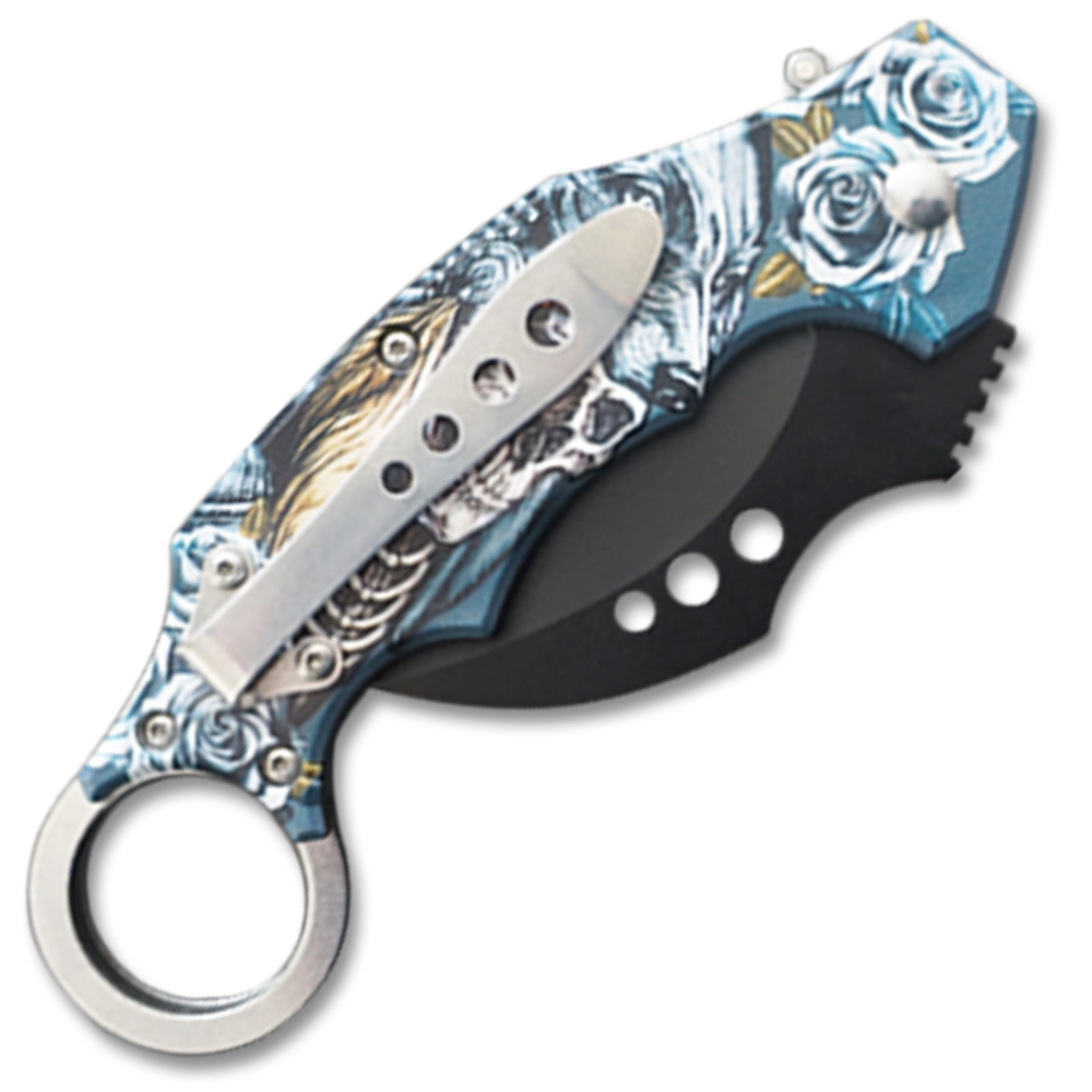 Automatic Krambit  Knife 3D Printed  Skull And Wolf Handle Pocket Knife