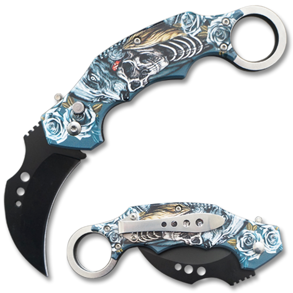 Automatic Krambit  Knife 3D Printed  Skull And Wolf Handle Pocket Knife