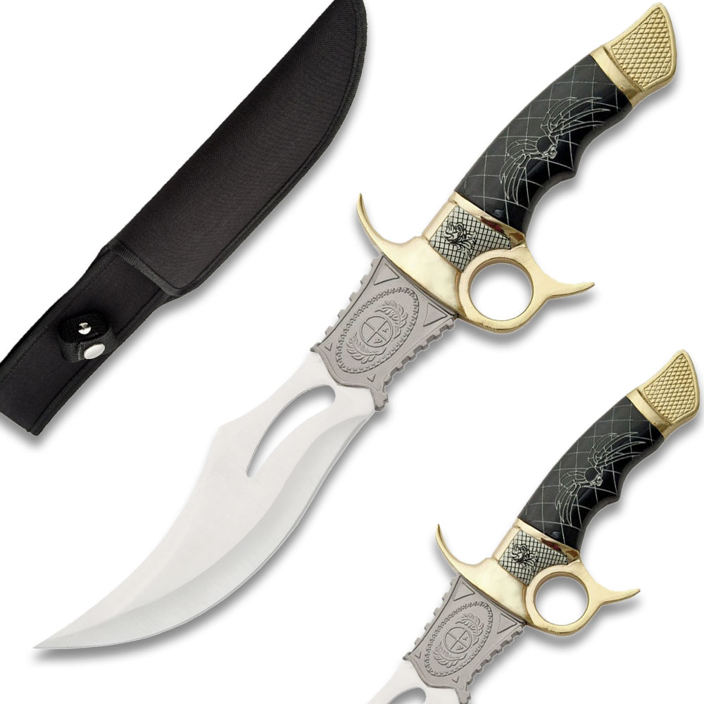 BLACK WIDOW Venom Bowie Knife Gold Guard Fixed Blade Ceremonial Brass Adorned 13.75in