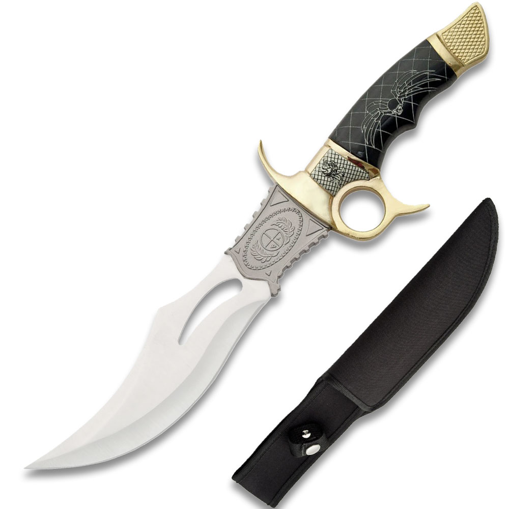 BLACK WIDOW Venom Bowie Knife Gold Guard Fixed Blade Ceremonial Brass Adorned 13.75in