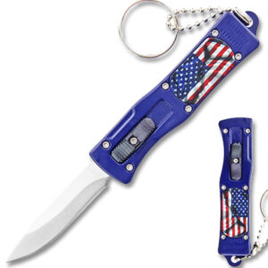 Blue 3 D American Flag California Legal OTF Dual Action Knife  with Key Ring