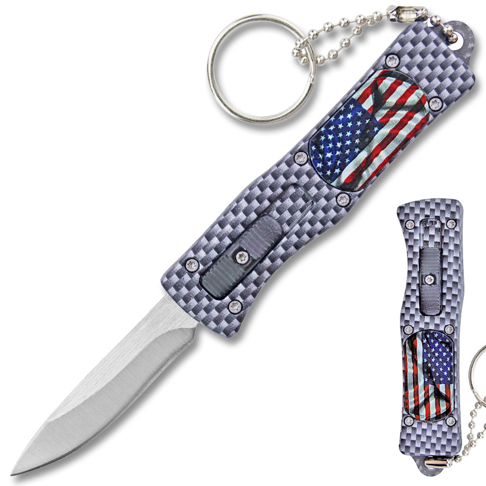 3 D American Flag California Legal OTF Dual Action Knife  Carbon Fiber with Key Ring