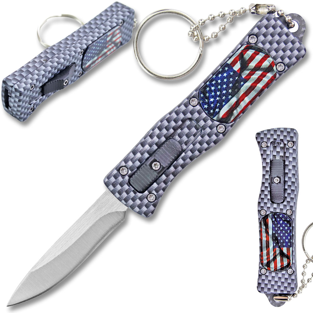 3 D American Flag California Legal OTF Dual Action Knife  Carbon Fiber with Key Ring