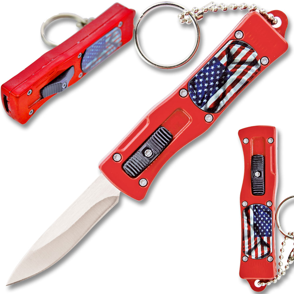3 D American Flag  California Legal OTF Dual Action Knife (Red) with Key Ring