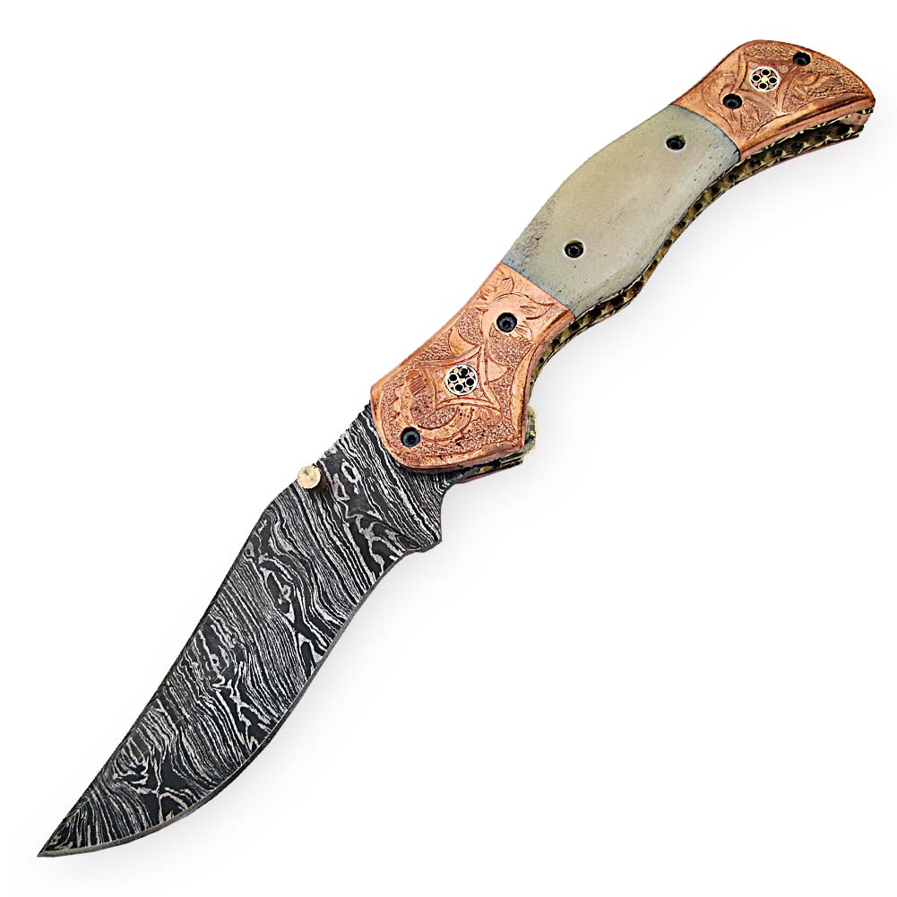 Magnum Rancher Damascus Folding Knife Engraved Copper Bolster Camel Bone Grip