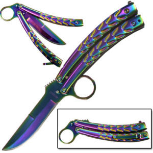 CURVED RAINBOW FINISHED RING QUILLON BALISONG BUTTERFLY KNIFE.