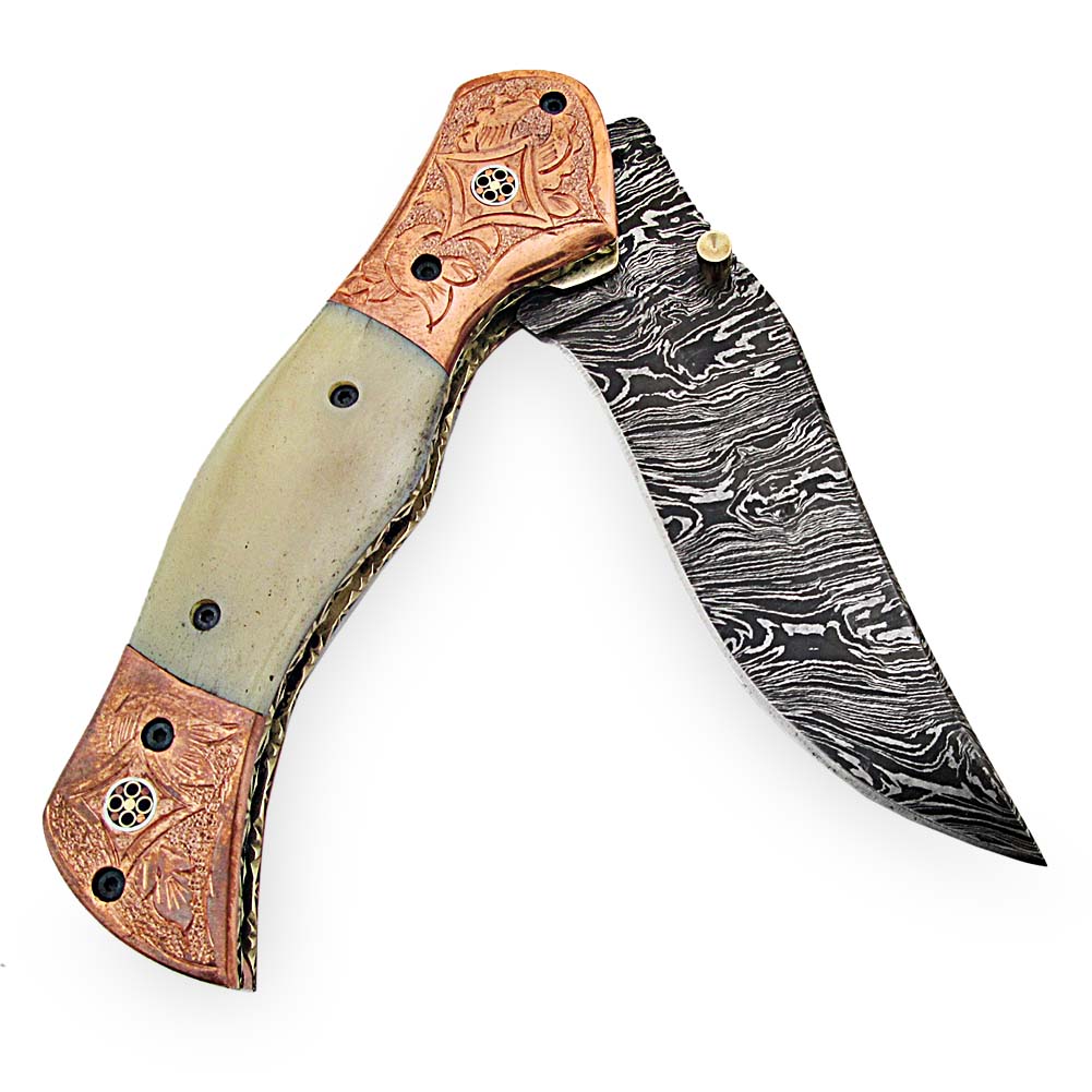 Magnum Rancher Damascus Folding Knife Engraved Copper Bolster Camel Bone Grip