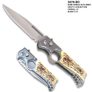 Auto Push Button Bone Handle Pocket Knife w/Finger Hole