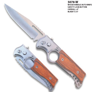 Auto Push Button Wood Handle Pocket Knife w/Finger Hole