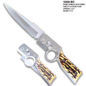 Auto Push Button Bone Handle Clip Point Pocket Knife w/Finger Hole