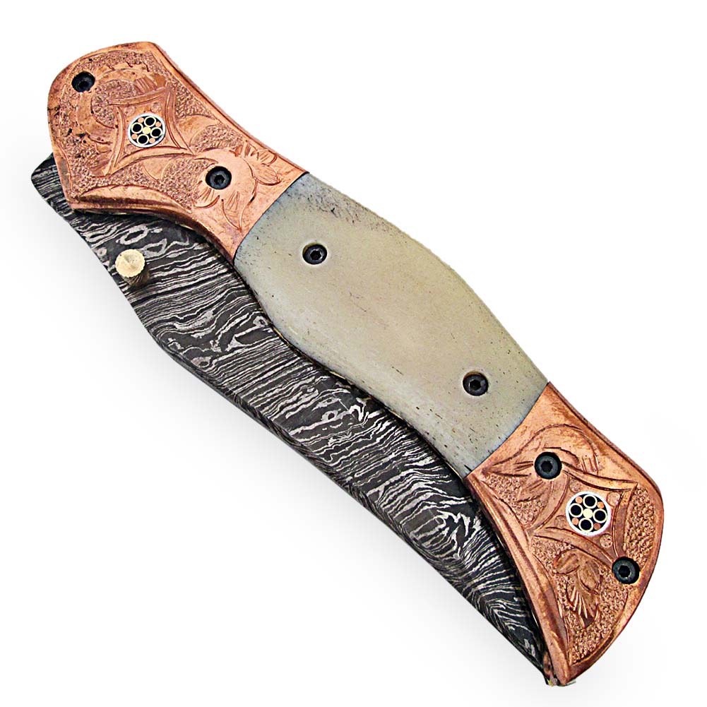 Magnum Rancher Damascus Folding Knife Engraved Copper Bolster Camel Bone Grip