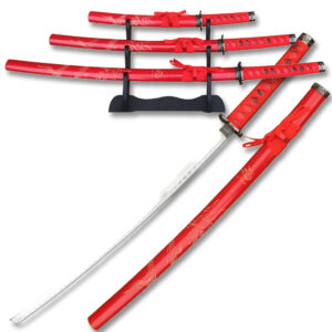 Red 3 Pcs Samurai Sword Set  With Engrave on the Red Scabbard
