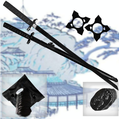 Ultimate Warrior Ninja Straitblade Katana Set All Black | Dual Knives, 2 Stars, 2 Kunai