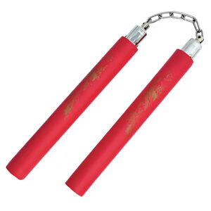 12" Foam Nunchaku, Red Color with Chain Black Dragon design imprint.