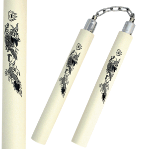 12" Foam Nunchaku, White Color with Chain Black Dragon design imprint.