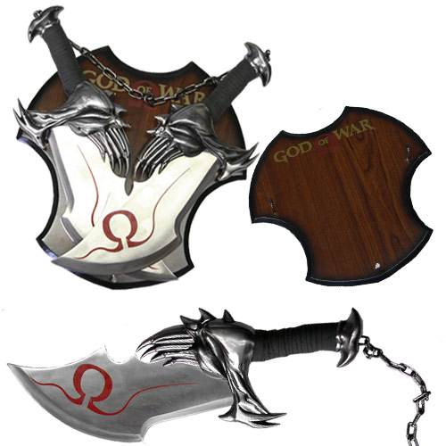 God Of War Twin Blade Short Dagger Set w Wall Plaque Steel Chain Linked