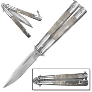 Butterfly Bali Knife w/ White Pearlex Inserts Satin