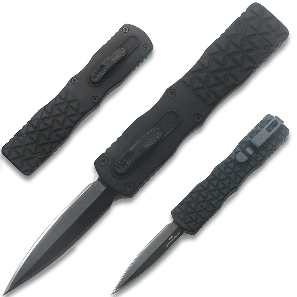 Black Micro OTF Stiletto Blade Knife Black Blade Out The Front