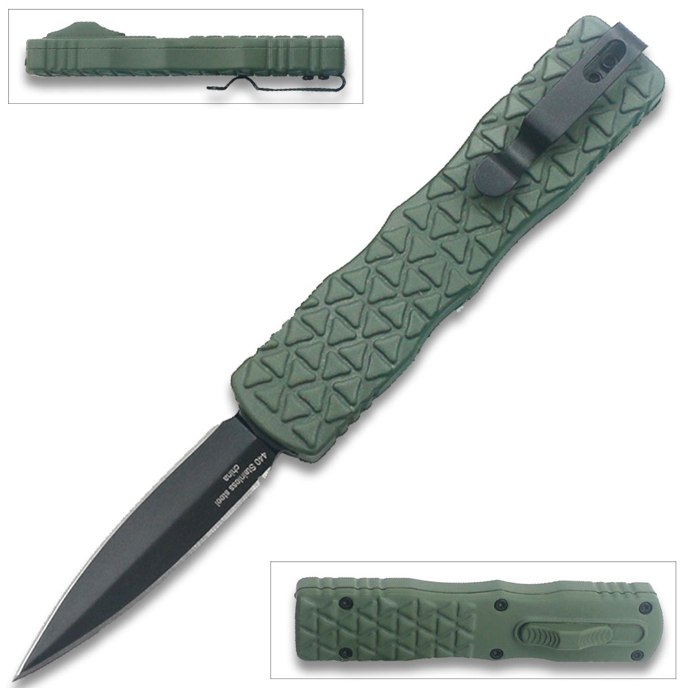 Green Micro OTF Stiletto Blade Knife Black Black Out The Front