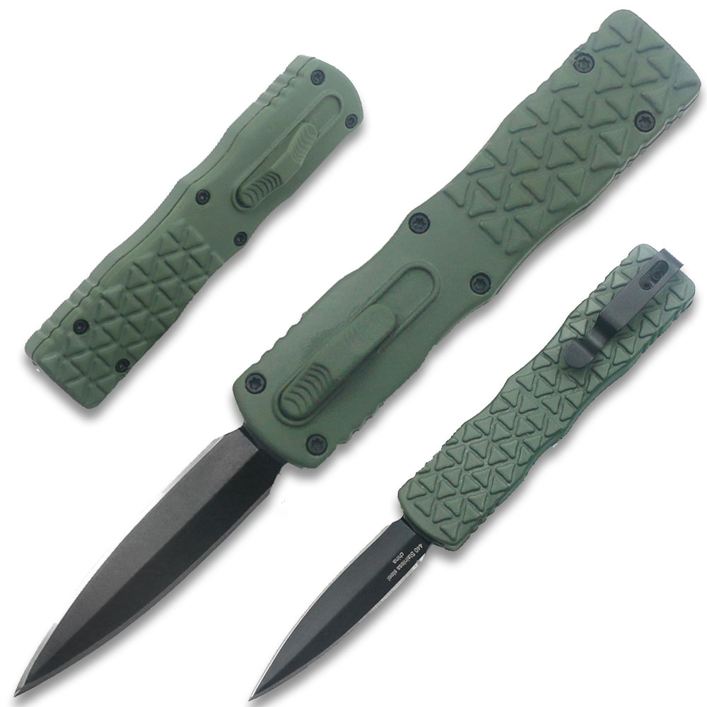 Green Micro OTF Stiletto Blade Knife Black Black Out The Front
