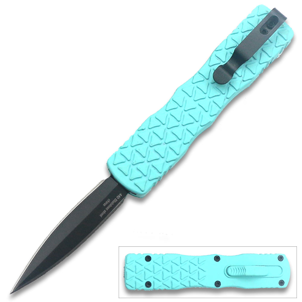 Teal Micro OTF Stiletto Blade Knife Black Blade Out The Front