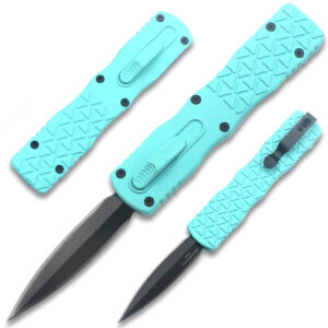 Teal Micro OTF Stiletto Blade Knife Black Blade Out The Front