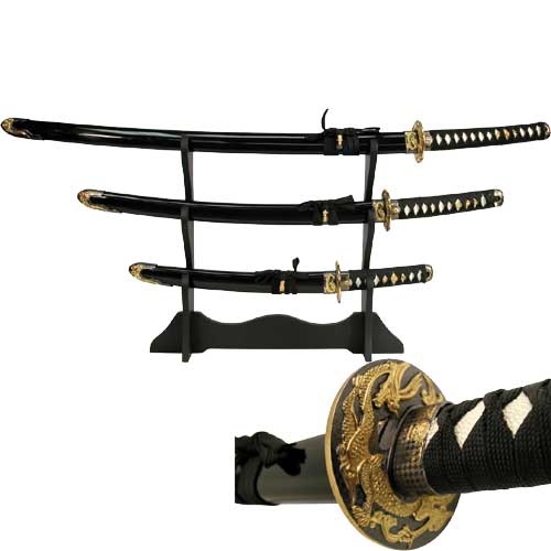 3 Pcs Black  Dragon Bushido Samurai Katana Sword Set