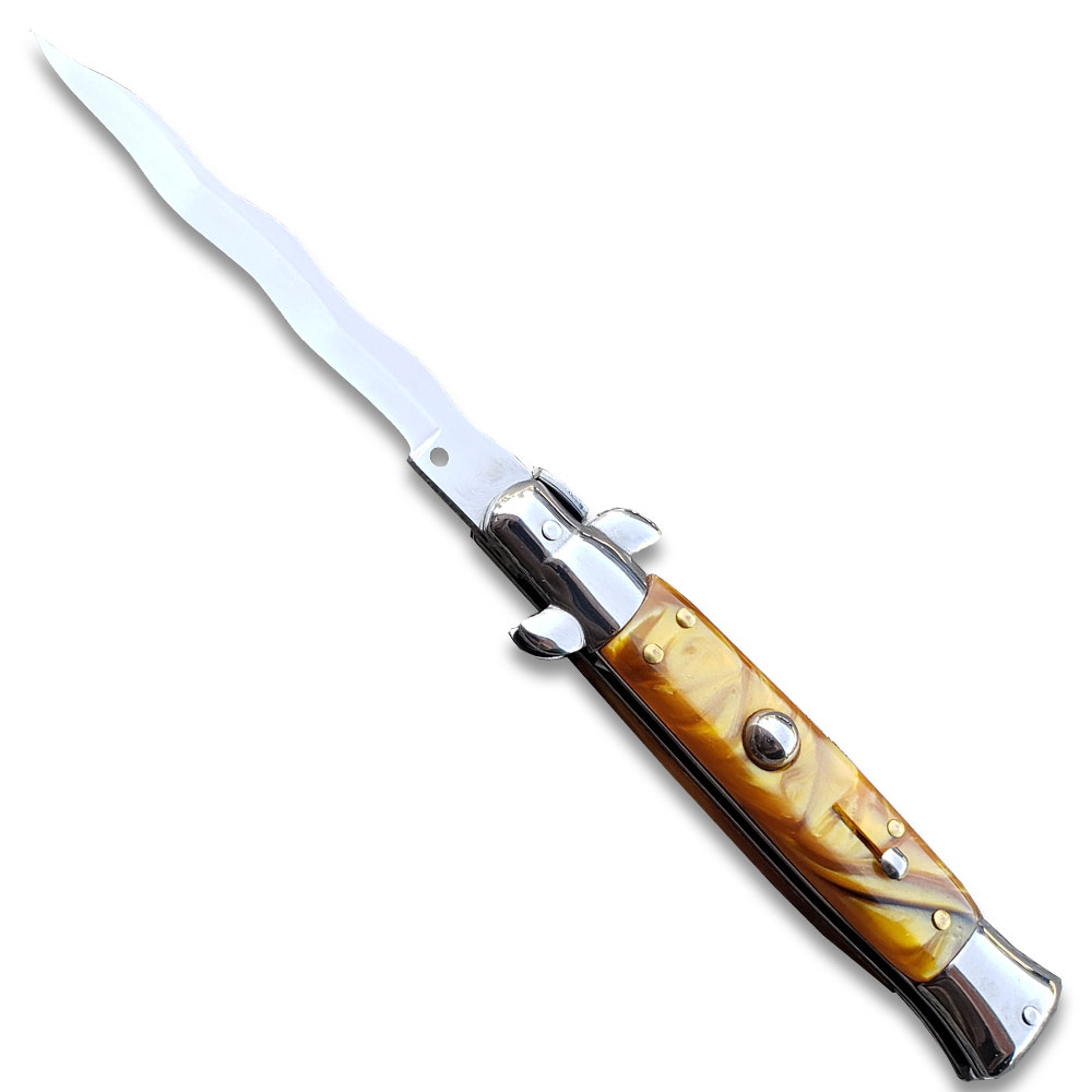 9.5" Anomaly Stiletto Gold Automatic Knife - Kris Satin Plain