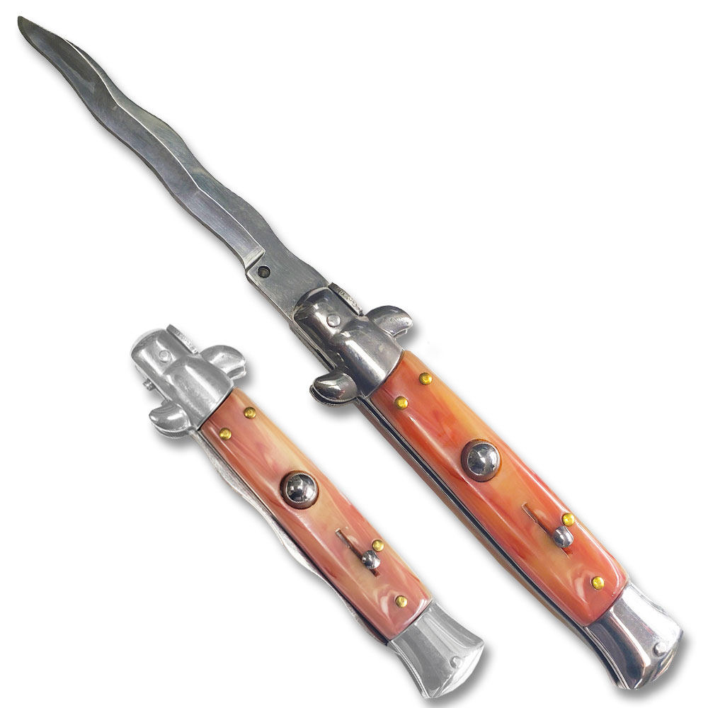 9.5" Anomaly Stiletto Red and Boon Color Automatic Knife - Kris Satin Plain