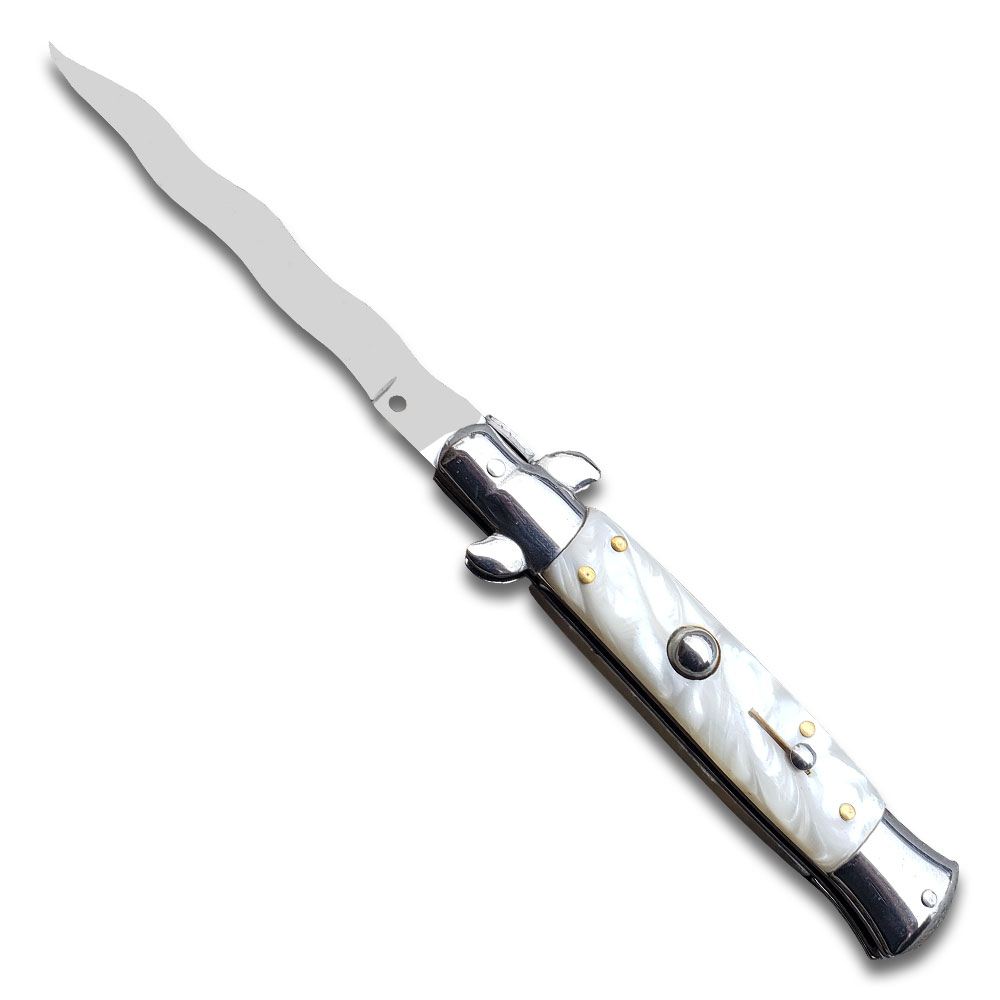 9.5" Anomaly Stiletto White Automatic Knife - Kris Satin Plain