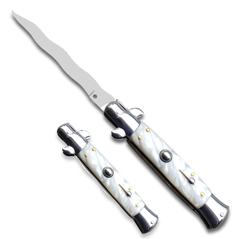 9.5" Anomaly Stiletto White Automatic Knife - Kris Satin Plain