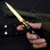 Gold Blade Automatic Stiletto Knife Black Marble Color Look Handle