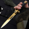 Gold Blade Automatic Stiletto Knife Black Marble Color Look Handle