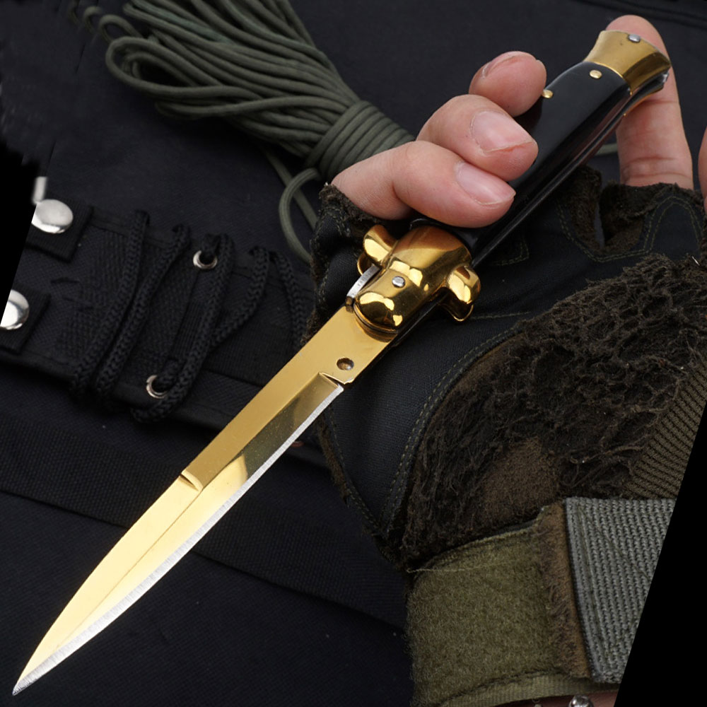 Gold Blade Automatic Stiletto Knife Black Marble Color Look Handle