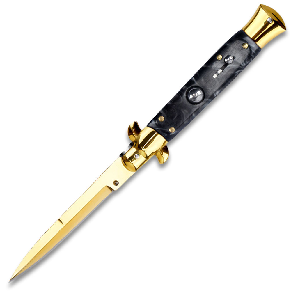 Gold Blade Automatic Stiletto Knife Black Marble Color Look Handle