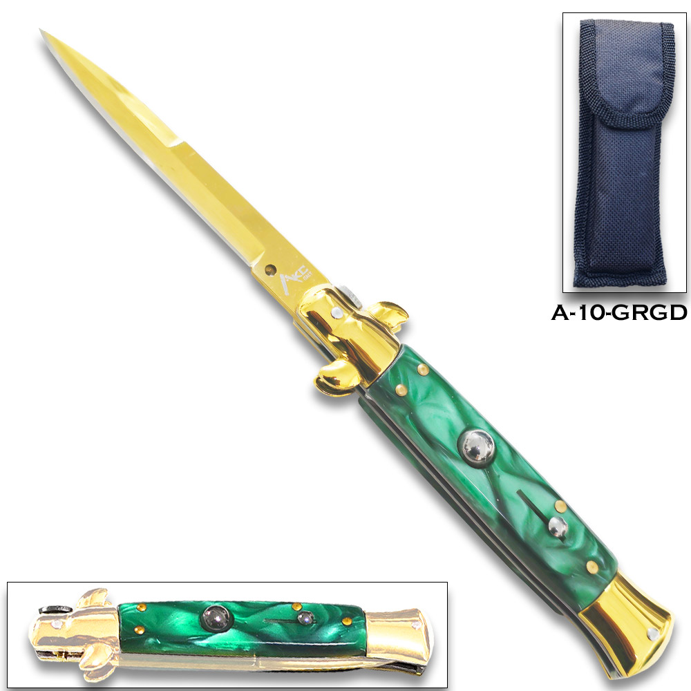 Gold  AKC Edition Blade Automatic Stiletto Knife Green Pearl Handle