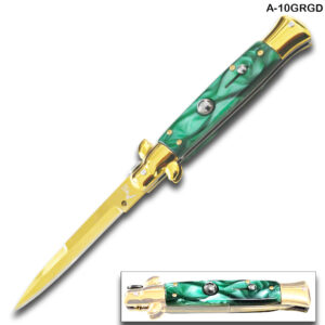 Gold  AKC Edition Blade Automatic Stiletto Knife Green Pearl Handle