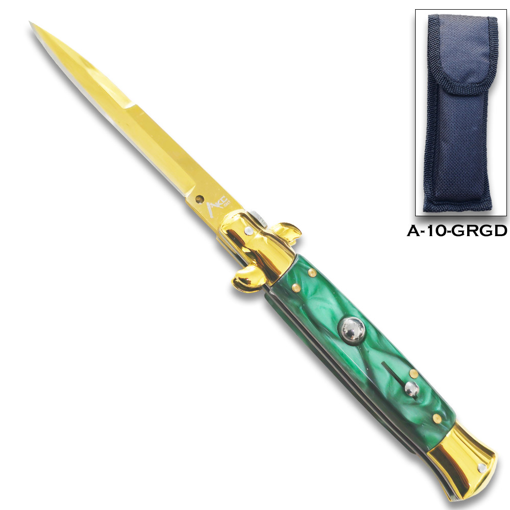 Gold  AKC Edition Blade Automatic Stiletto Knife Green Pearl Handle