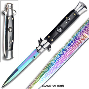 Rainbow Damascus Pattern  Black Automatic Stiletto Knife